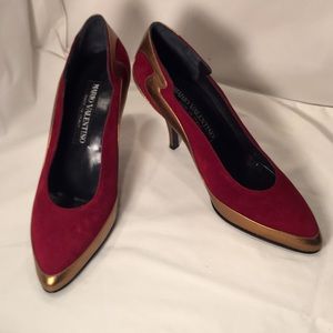 Mario Valentino Red Suede Pumps with Gold Accents
